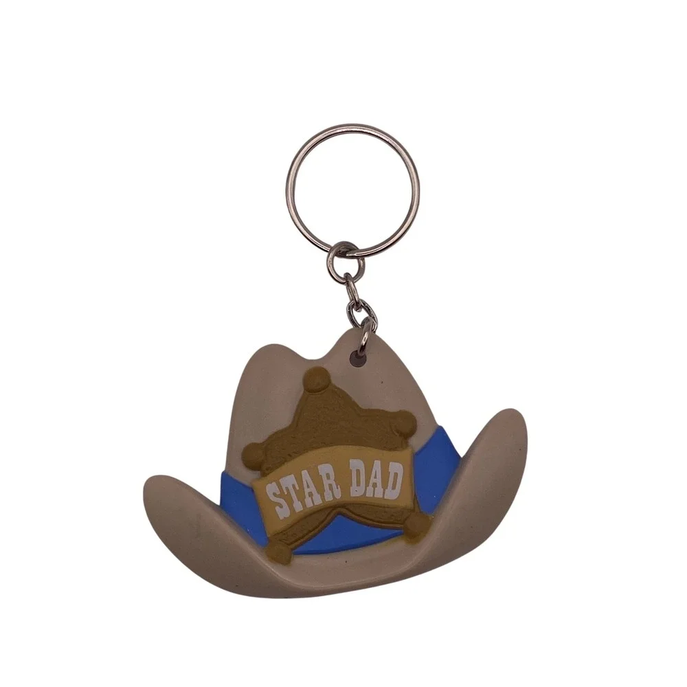 Star Dad Cowboy Hat Keychain‎ Tan Blue Sheriff Star Western Novelty Key Ring